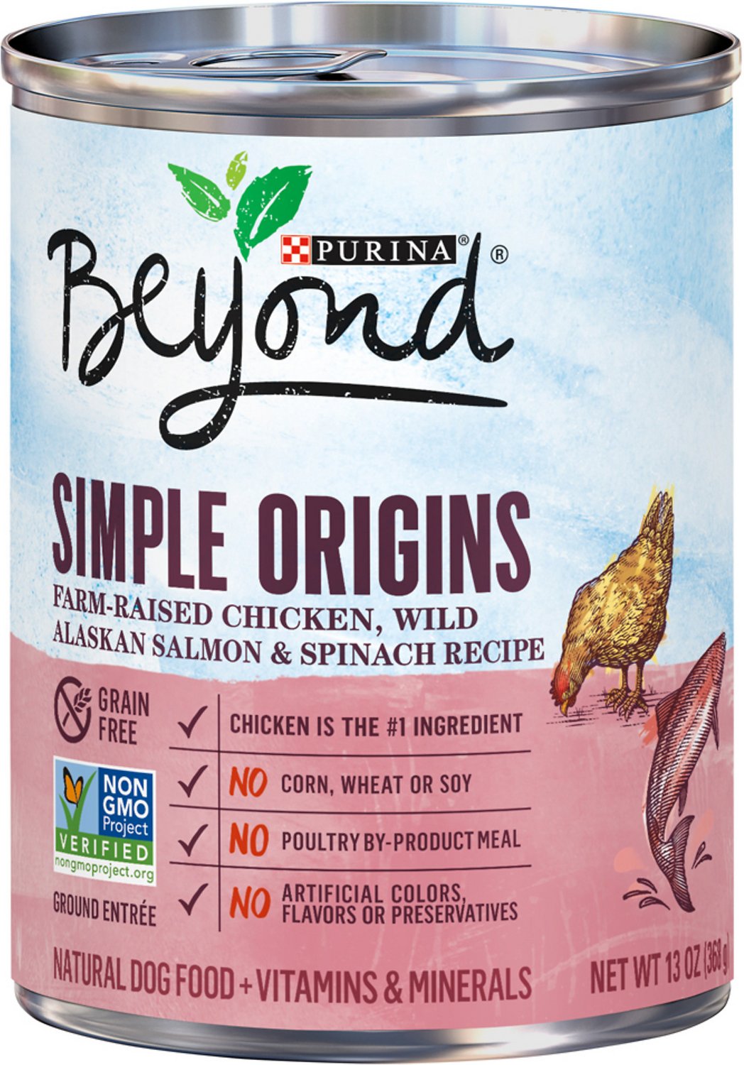 Purina Beyond Simple Origins Grain-Free Farm-Raised Chicken, Wild Alaskan Salmon & Spinach Recipe Ground Entree Dog Food, 13-oz, case of 12