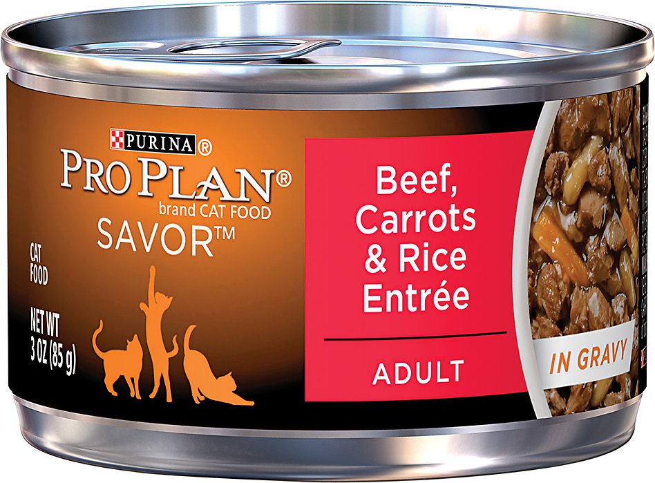 Purina Pro Plan Savor Adult Beef, Carrots & Rice Entree in Gravy Canned Cat Food, 3-oz, case of 24