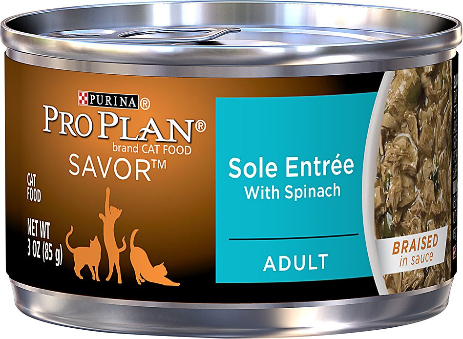 Purina Pro Plan Savor Adult Sole Entrée with Spinach Braised in Sauce Canned Cat Food, 3-oz, case of 24
