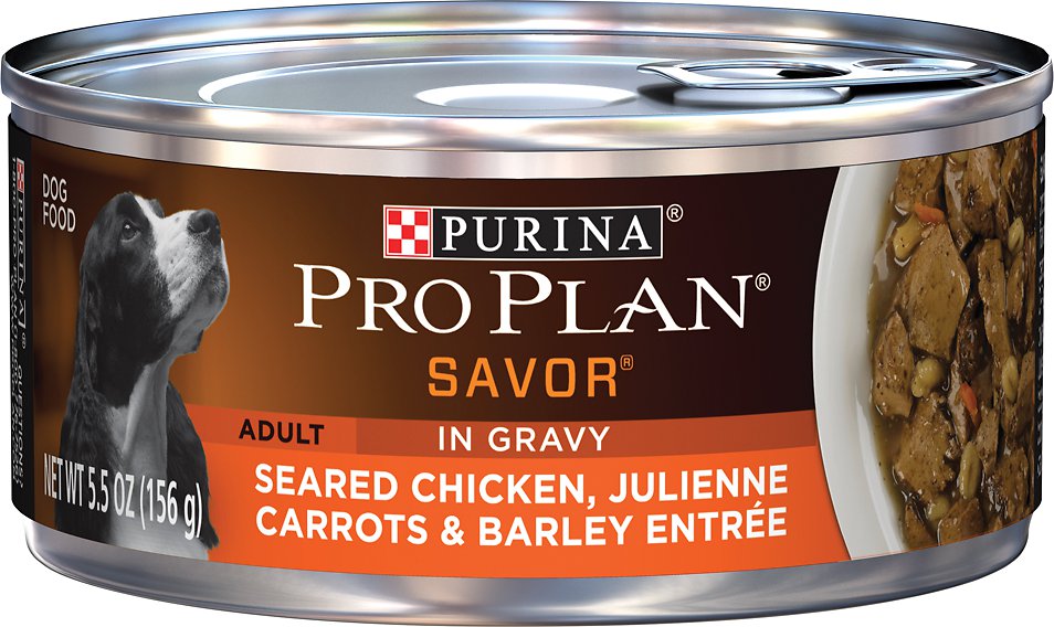 Purina Pro Plan Savor Adult Seared Chicken, Julienne Carrots & Barley Entree in Gravy Canned Dog Food, 5.5-oz, case of 24