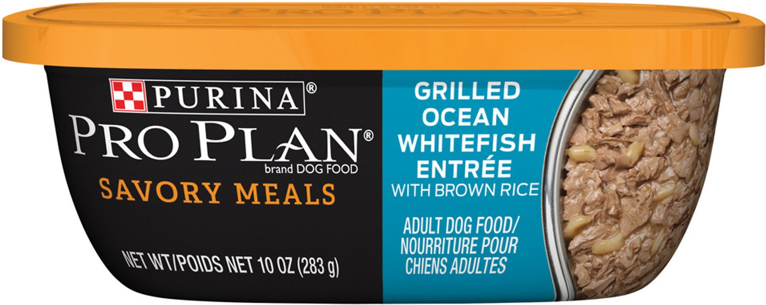 Purina Pro Plan Savory Meals Grilled Ocean Whitefish Entree with Brown Rice Wet Dog Food, 10-oz tub, case of 8