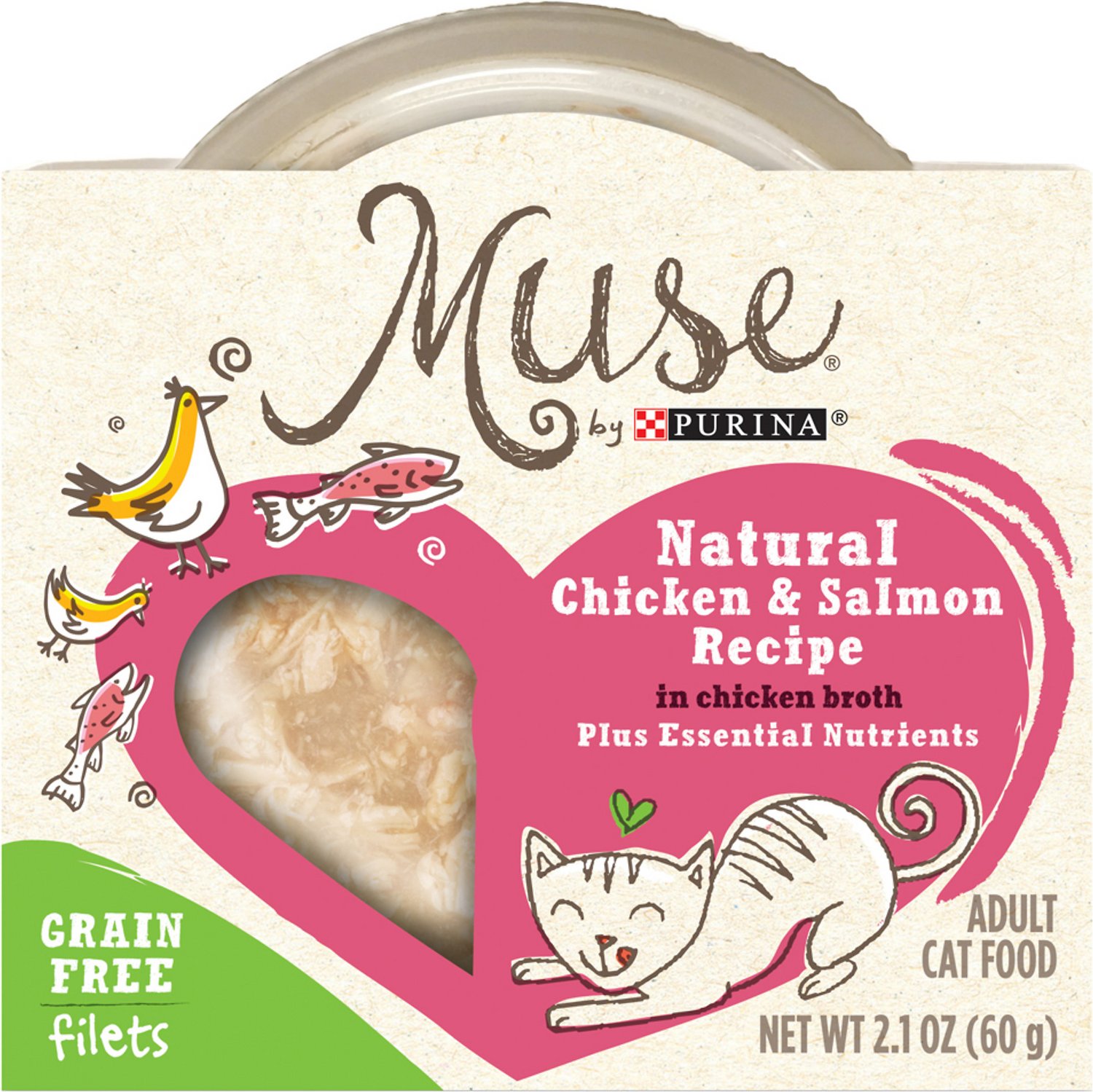 Purina Muse Natural Chicken & Salmon Recipe in Chicken Broth Adult Grain-Free Cat Food Trays, 2.1-oz, case of 10