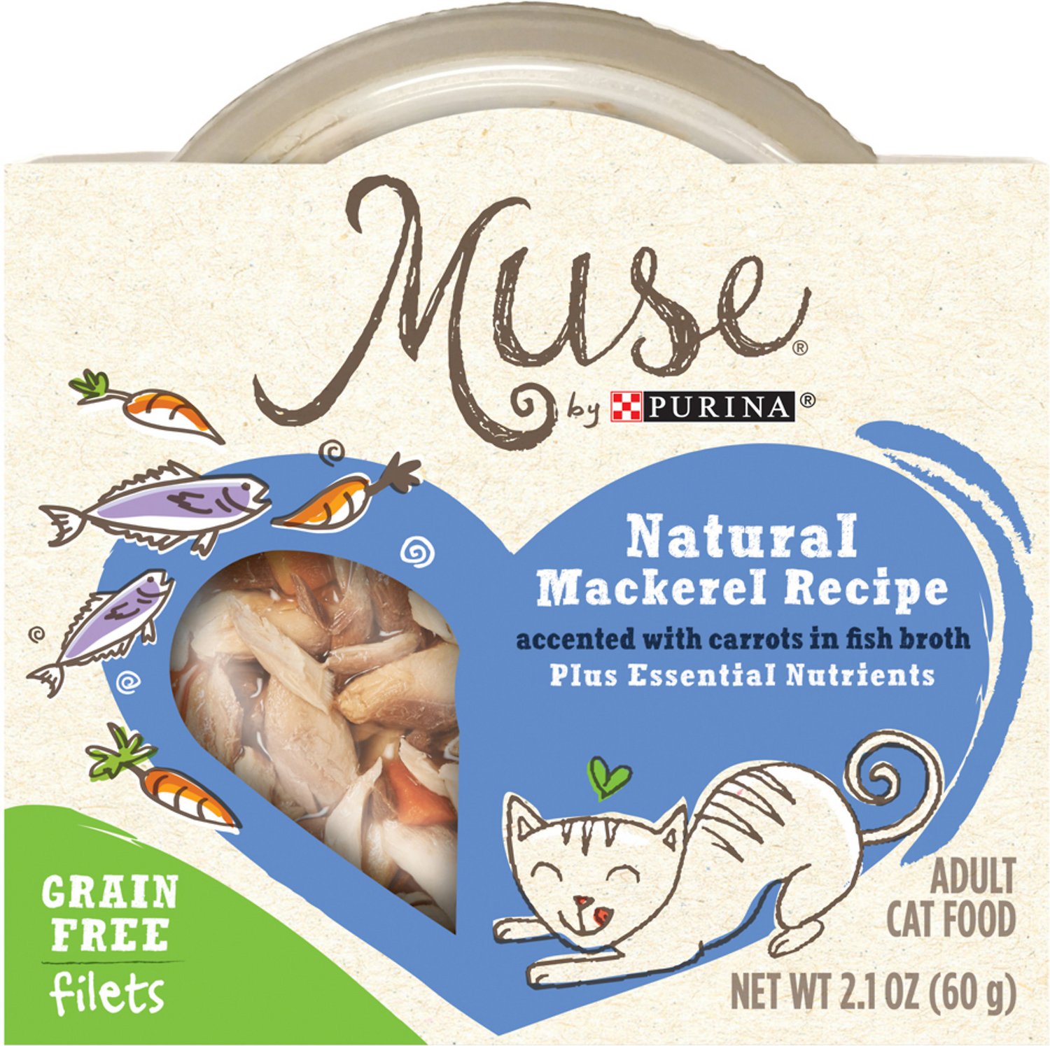 Purina Muse Natural Mackerel Recipe Accented with Carrots in Fish Broth Adult Grain-Free Cat Food Trays, 2.1-oz, case of 10