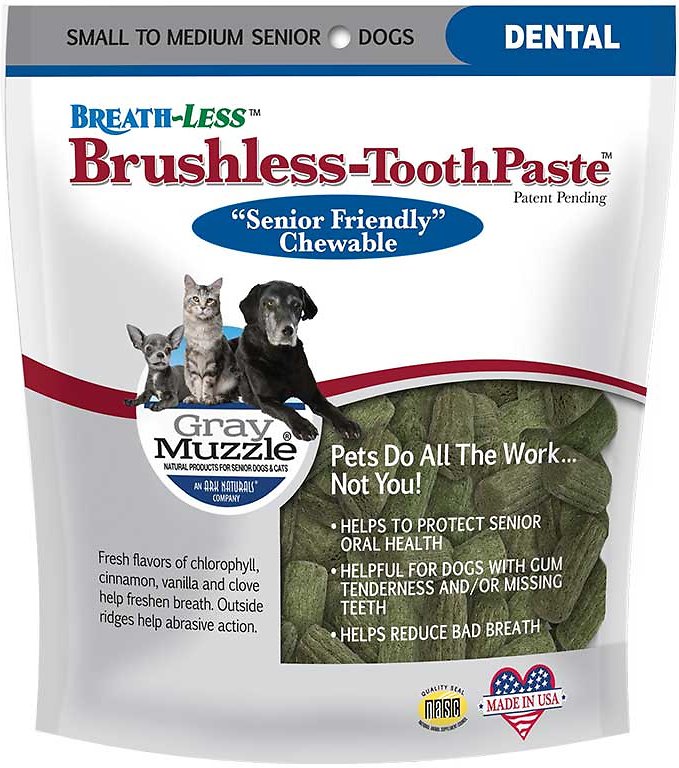 Ark Naturals Gray Muzzle Breath-Less Brushless Toothpaste Small to Medium Senior Dog Chews, 4.1-oz bag