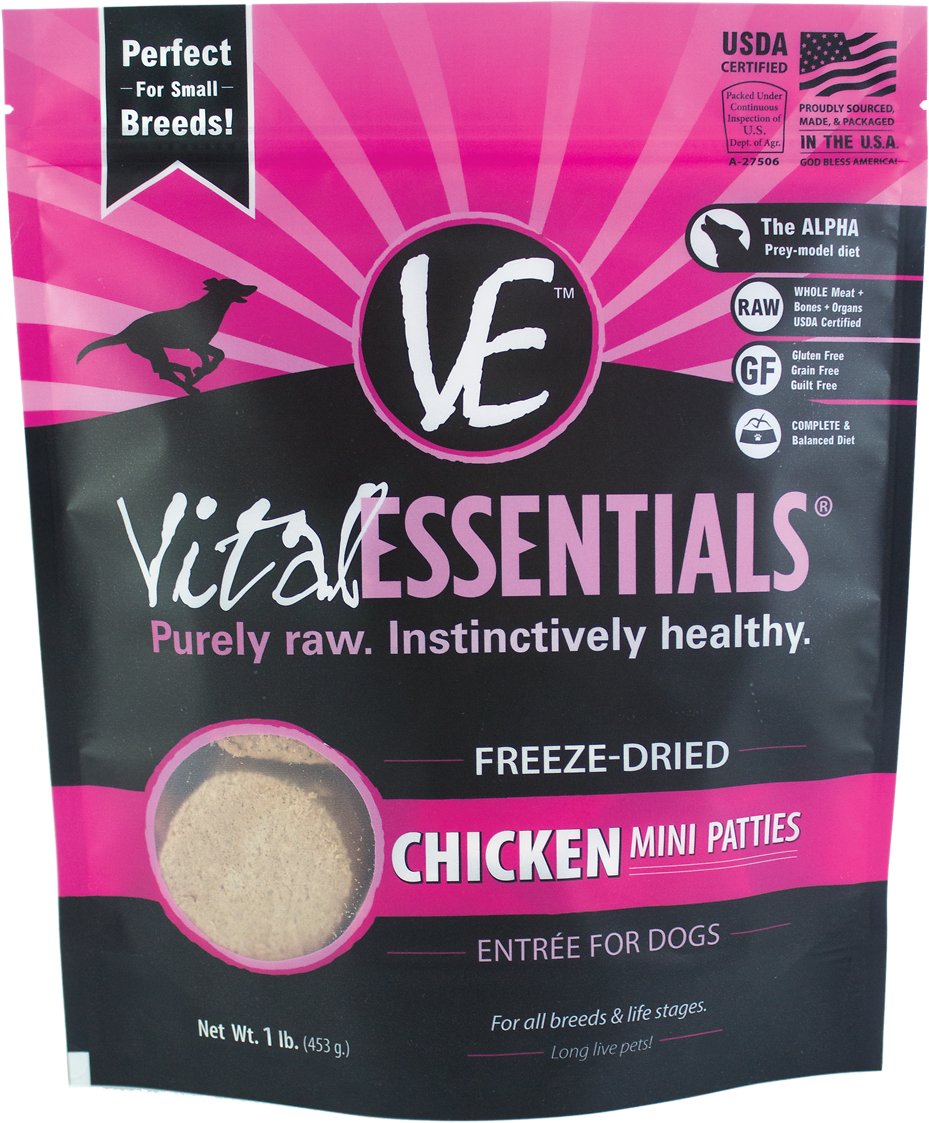 Vital Essentials Chicken Entree Mini Pet Patties Grain-Free Freeze-Dried Dog Food, 1-lb bag