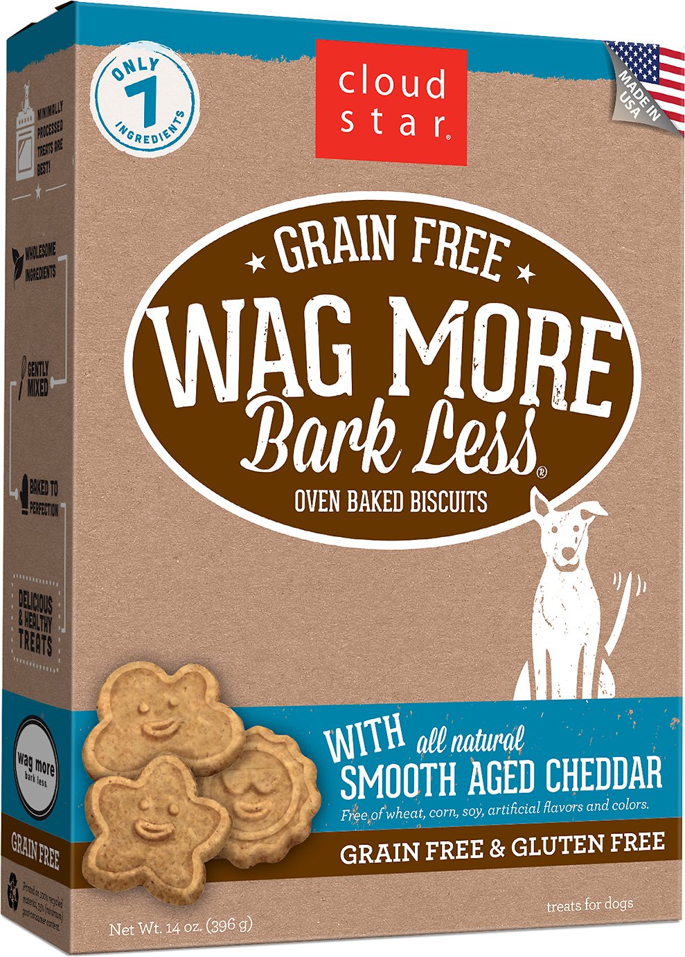Cloud Star Wag More Bark Less Grain-Free Oven Baked with Smooth Aged Cheddar Dog Treats, 14-oz box
