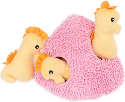 ZippyPaws Burrow Squeaky Hide and Seek Plush Dog Toy, Seahorse 'n Coral